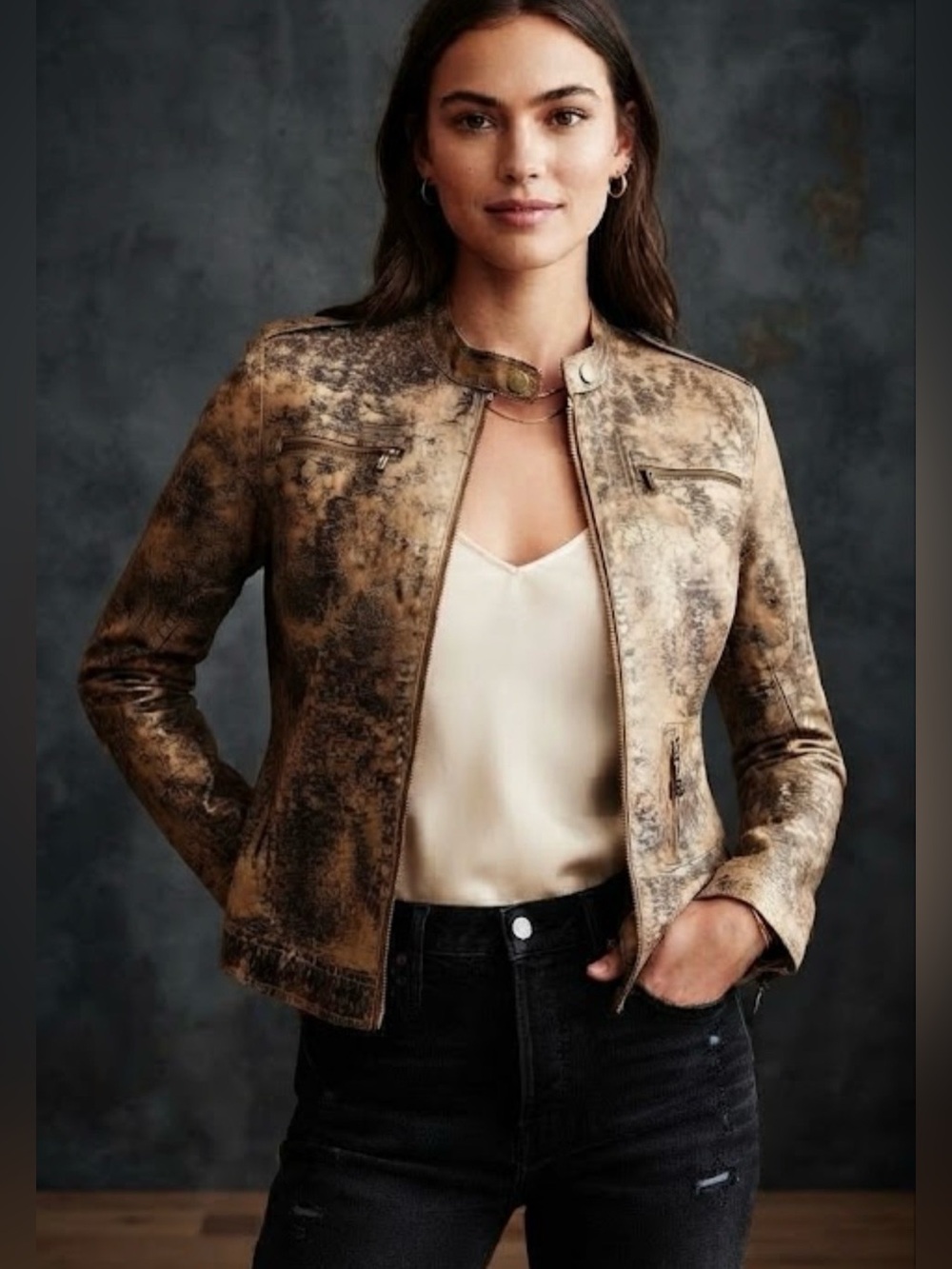 Tory Burch Leather Moto Jacket in Brown/gold, US8
